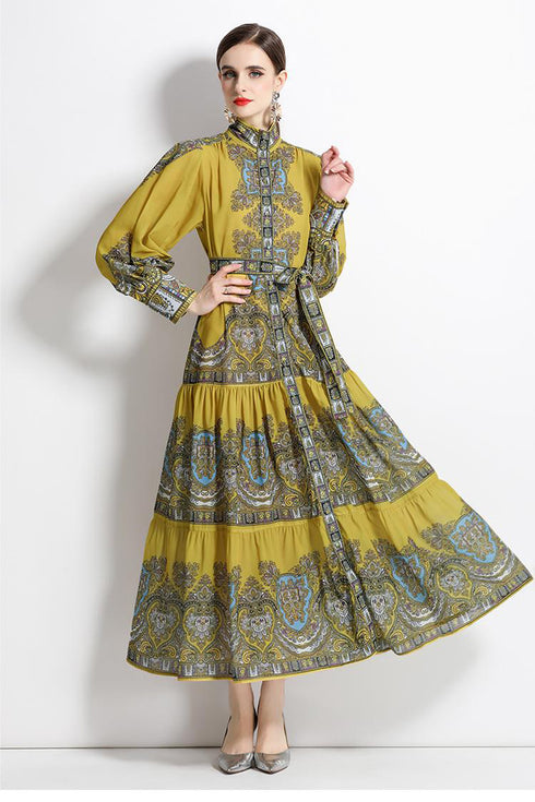 Autumn Retro Court Style Stand Collar, Lantern Sleeve, Belted, Ruffled Paisley Pattern Long Party, Festive Renaissance Dress